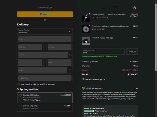 Helloice Jewelry checkout page showing Helloice Jewelry promo code box | Screenshot taken by SimplyCodes community member on Aug 26, 2025