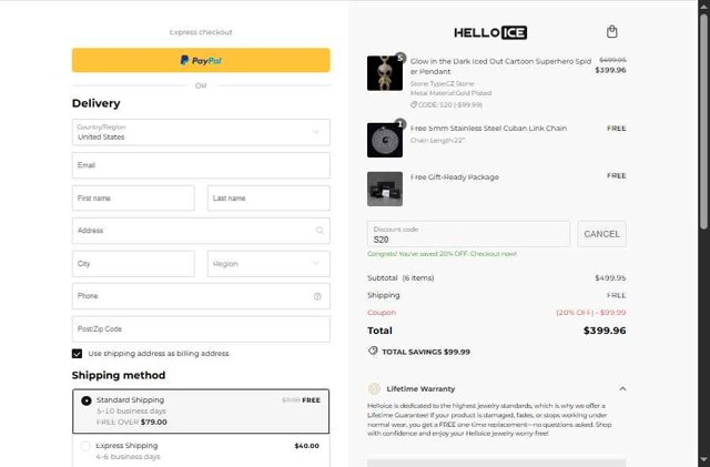 Helloice Jewelry checkout page showing Helloice Jewelry promo code box | Screenshot taken by SimplyCodes community member on Sep 3, 2025