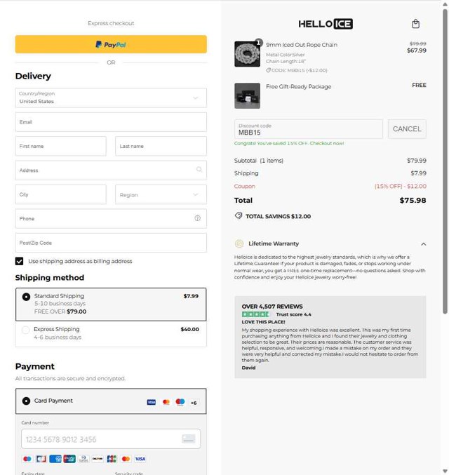 Helloice Jewelry checkout page showing Helloice Jewelry promo code box | Screenshot taken by SimplyCodes community member on Aug 26, 2025