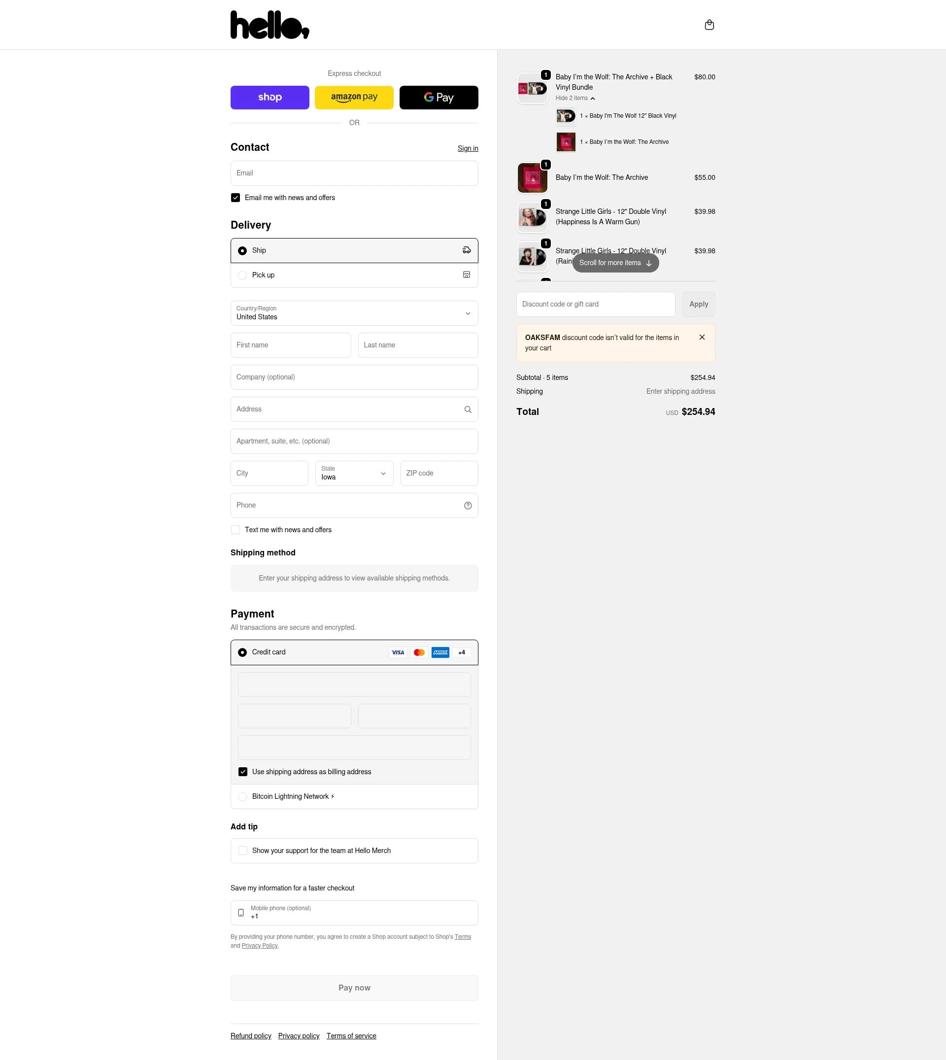 Hello Merch checkout page showing Hello Merch discount code box | Screenshot taken by SimplyCodes community member on Feb 9, 2026