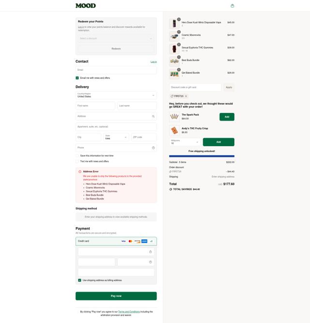 Hello Mood checkout page showing Hello Mood coupon code box | Screenshot taken by SimplyCodes community member on Sep 7, 2025