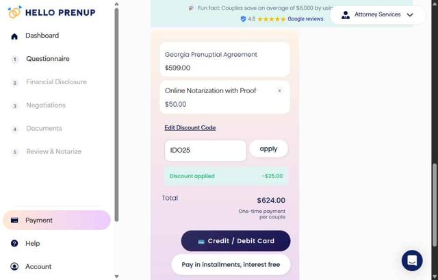 Hello Prenup checkout page showing Hello Prenup discount code box | Screenshot taken by SimplyCodes community member on Aug 29, 2025