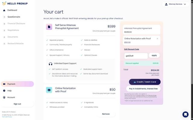 Hello Prenup checkout page showing Hello Prenup discount code box | Screenshot taken by SimplyCodes community member on Aug 4, 2025