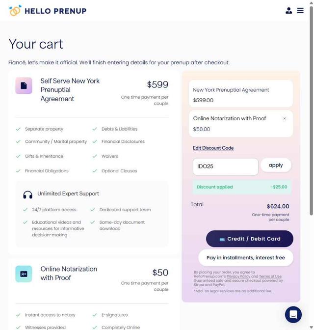 Hello Prenup checkout page showing Hello Prenup discount code box | Screenshot taken by SimplyCodes community member on Jul 6, 2025
