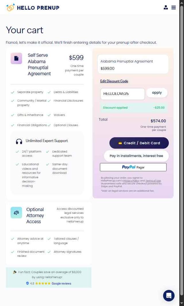 Hello Prenup checkout page showing Hello Prenup discount code box | Screenshot taken by SimplyCodes community member on Jul 6, 2025