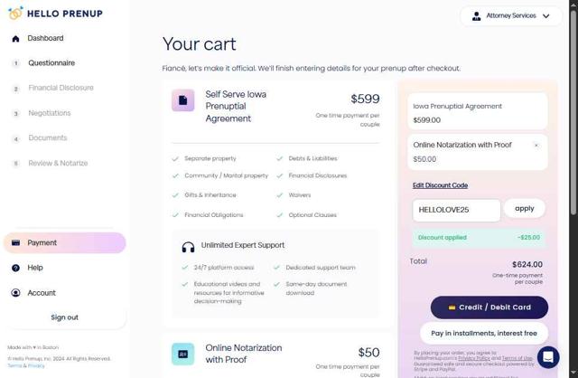 Hello Prenup checkout page showing Hello Prenup discount code box | Screenshot taken by SimplyCodes community member on Aug 29, 2025