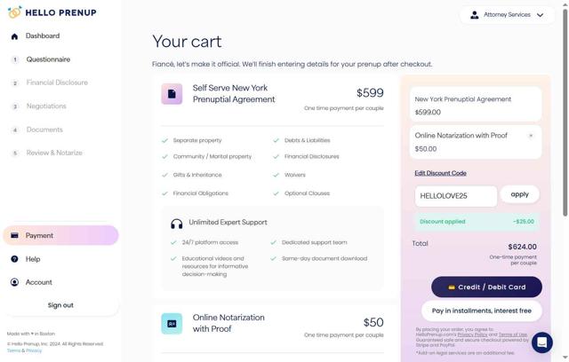 Hello Prenup checkout page showing Hello Prenup discount code box | Screenshot taken by SimplyCodes community member on Jul 6, 2025