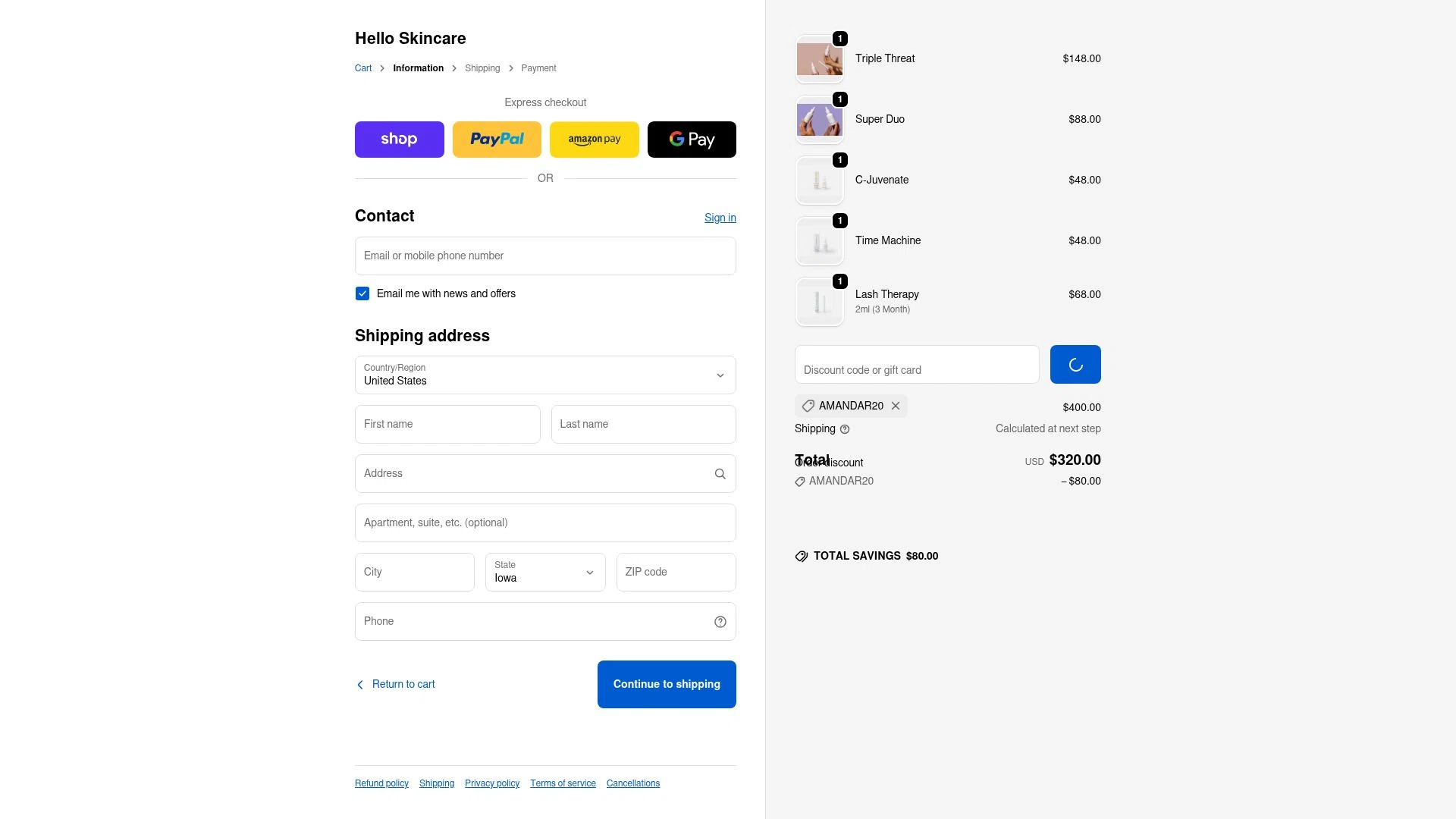 Hello Skincare checkout page showing Hello Skincare discount code box | Screenshot taken by SimplyCodes community member on Feb 20, 2026