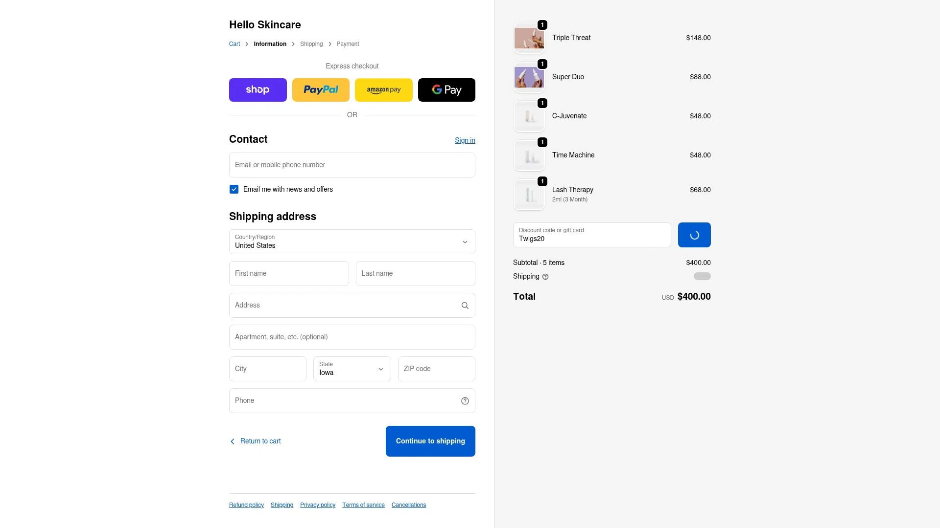 Hello Skincare checkout page showing Hello Skincare discount code box | Screenshot taken by SimplyCodes community member on Feb 20, 2026