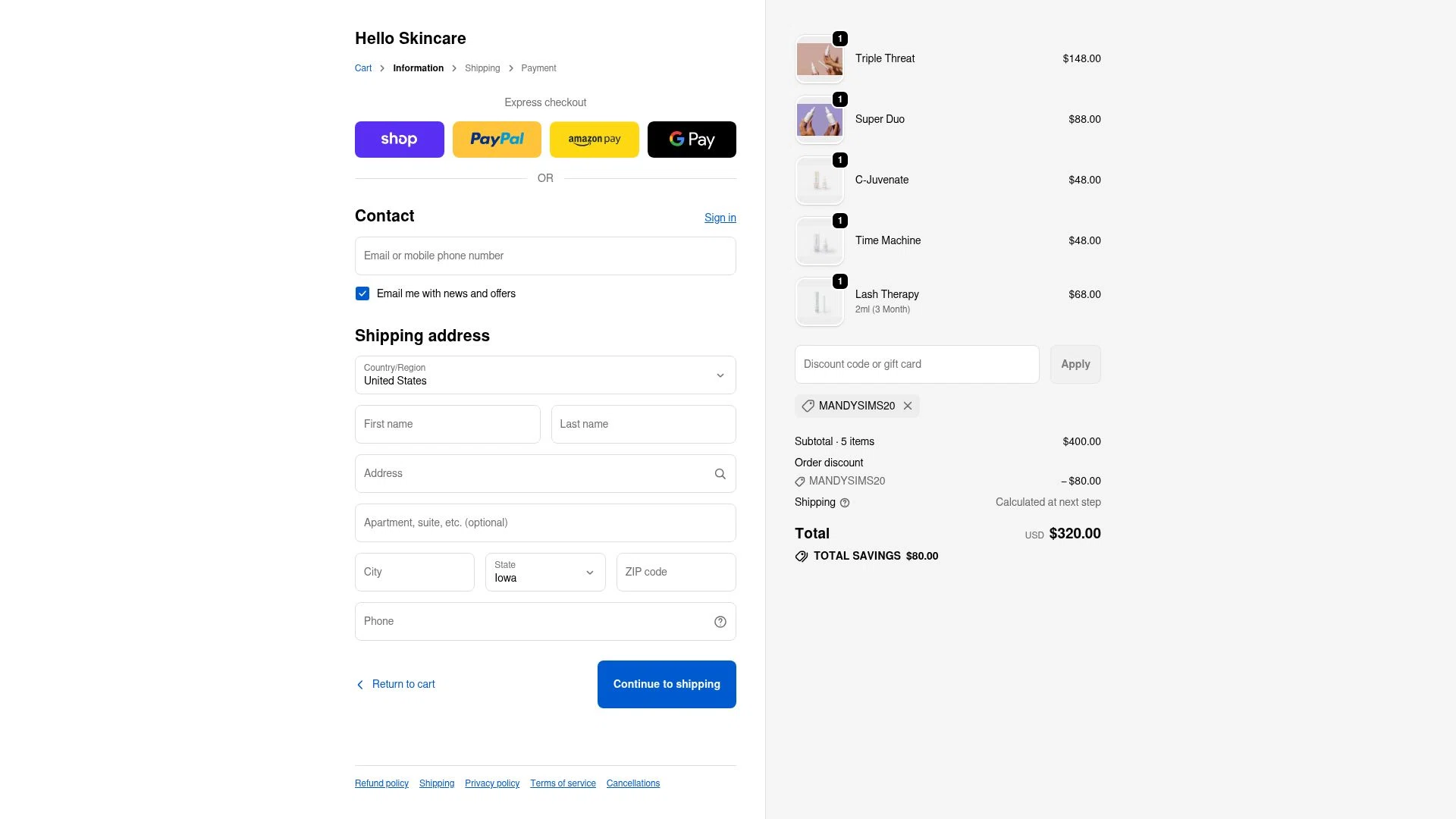 Hello Skincare checkout page showing Hello Skincare discount code box | Screenshot taken by SimplyCodes community member on Feb 20, 2026