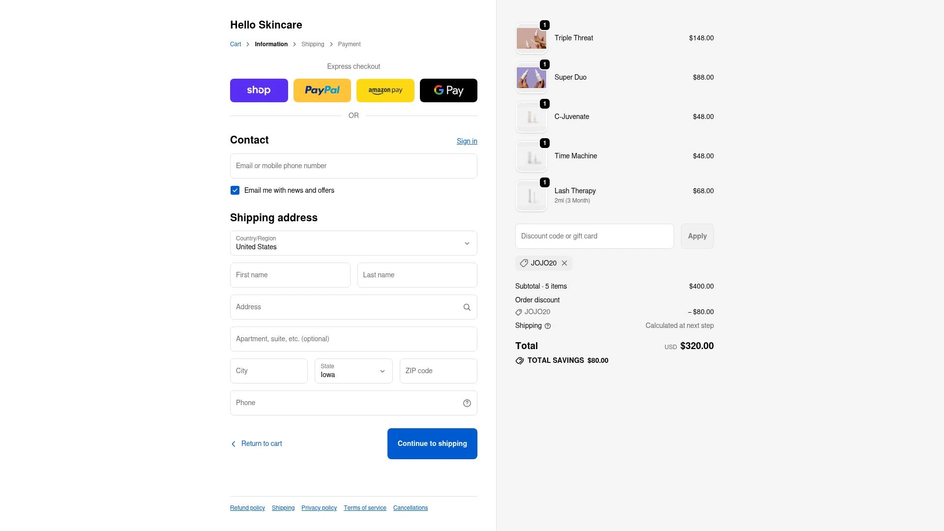 Hello Skincare checkout page showing Hello Skincare discount code box | Screenshot taken by SimplyCodes community member on Feb 20, 2026