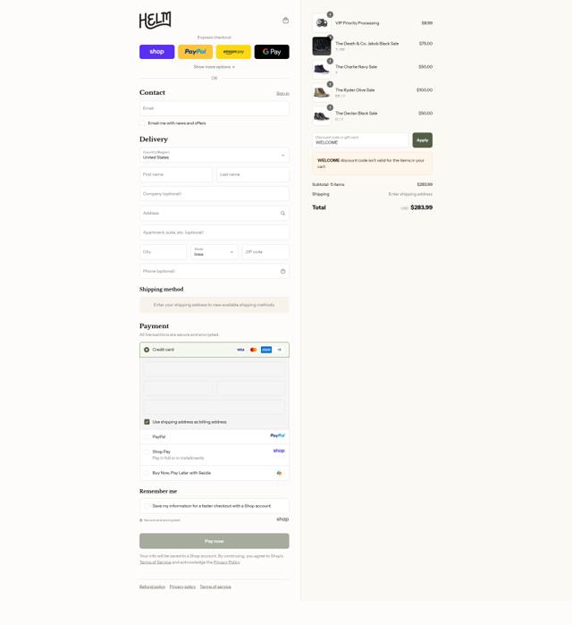 Helm Boots checkout page showing Helm Boots promo code box | Screenshot taken by SimplyCodes community member on Sep 14, 2025