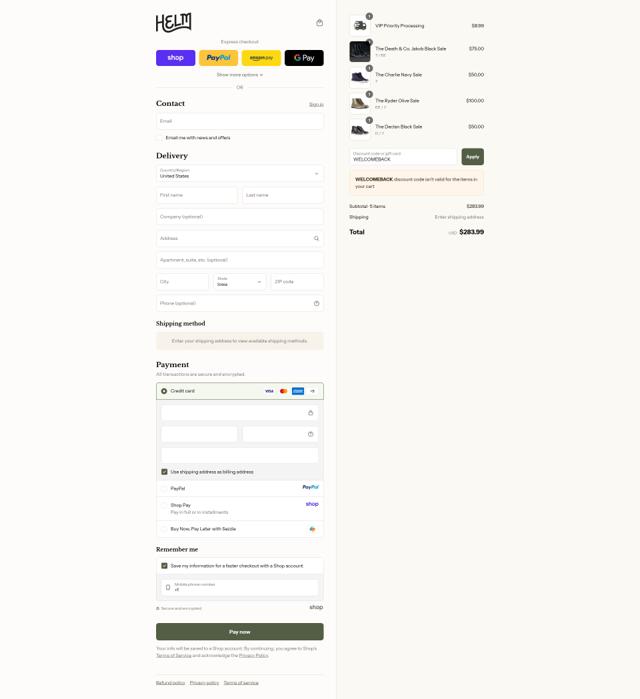 Helm Boots checkout page showing Helm Boots promo code box | Screenshot taken by SimplyCodes community member on Sep 14, 2025