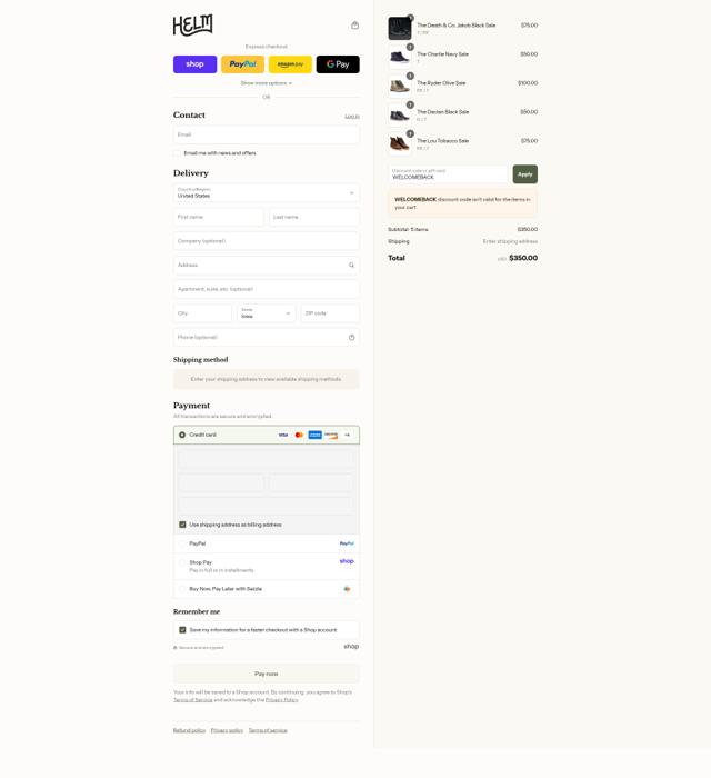 Helm Boots checkout page showing Helm Boots promo code box | Screenshot taken by SimplyCodes community member on Sep 6, 2025