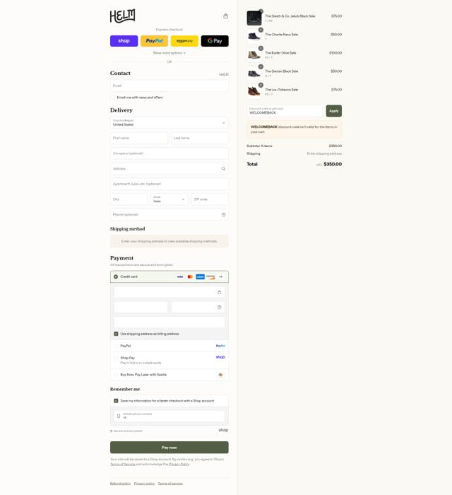 Helm Boots checkout page showing Helm Boots promo code box | Screenshot taken by SimplyCodes community member on Sep 2, 2025