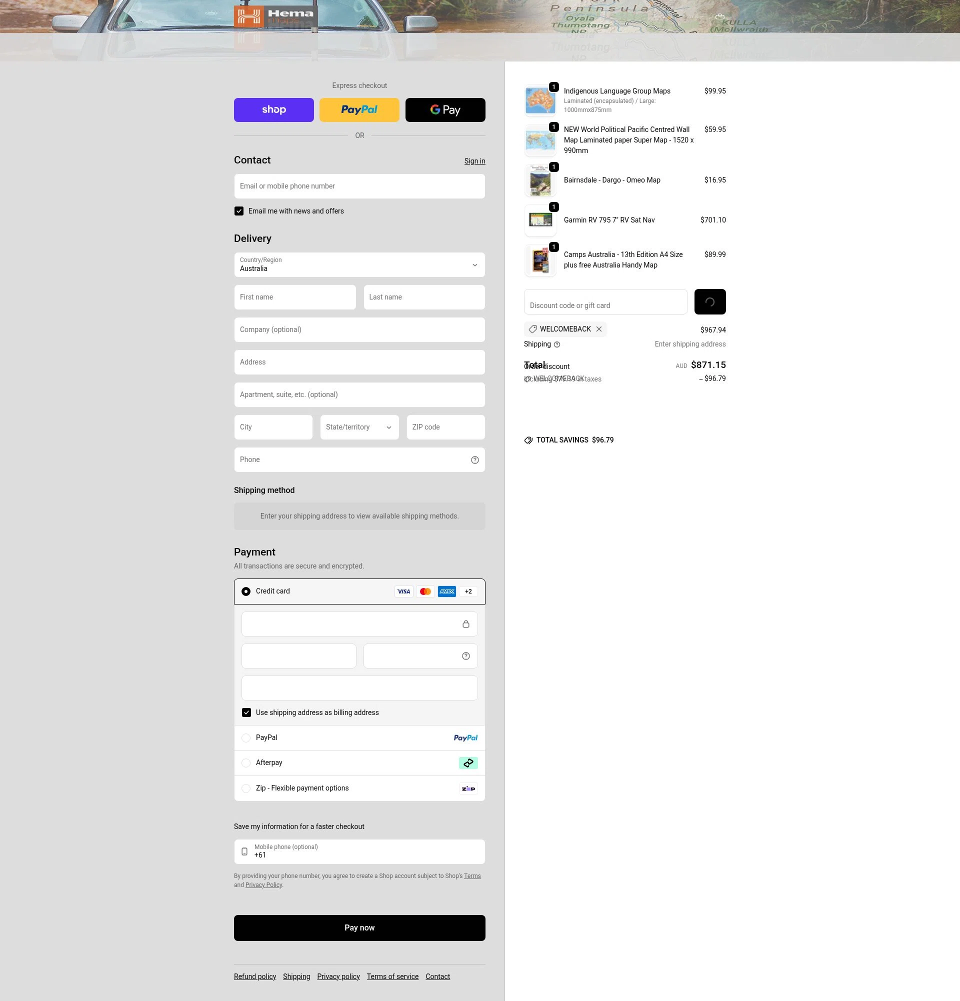 Hema Maps checkout page showing Hema Maps discount code box | Screenshot taken by SimplyCodes community member on Feb 8, 2026