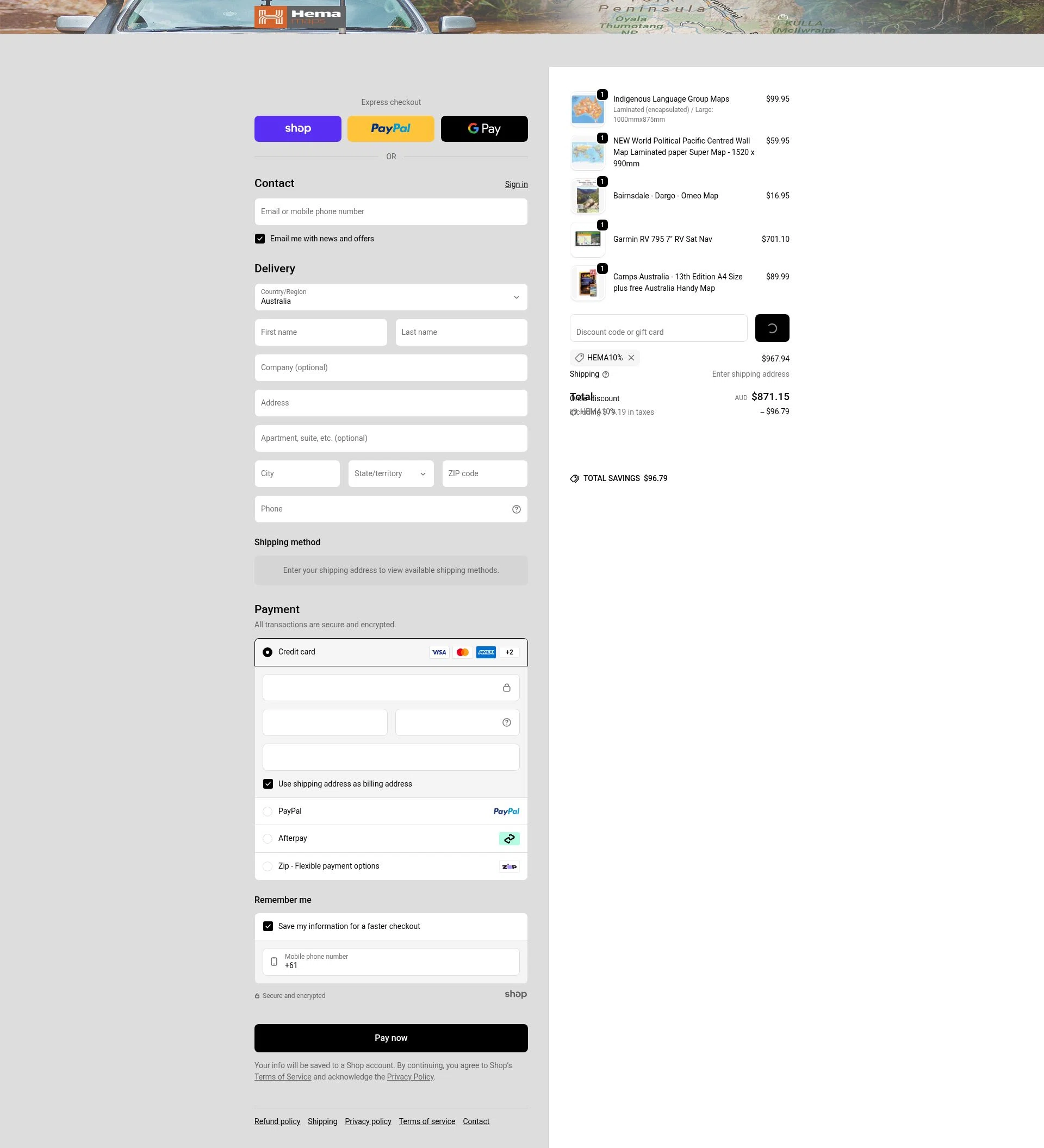 Hema Maps checkout page showing Hema Maps discount code box | Screenshot taken by SimplyCodes community member on Jan 26, 2026