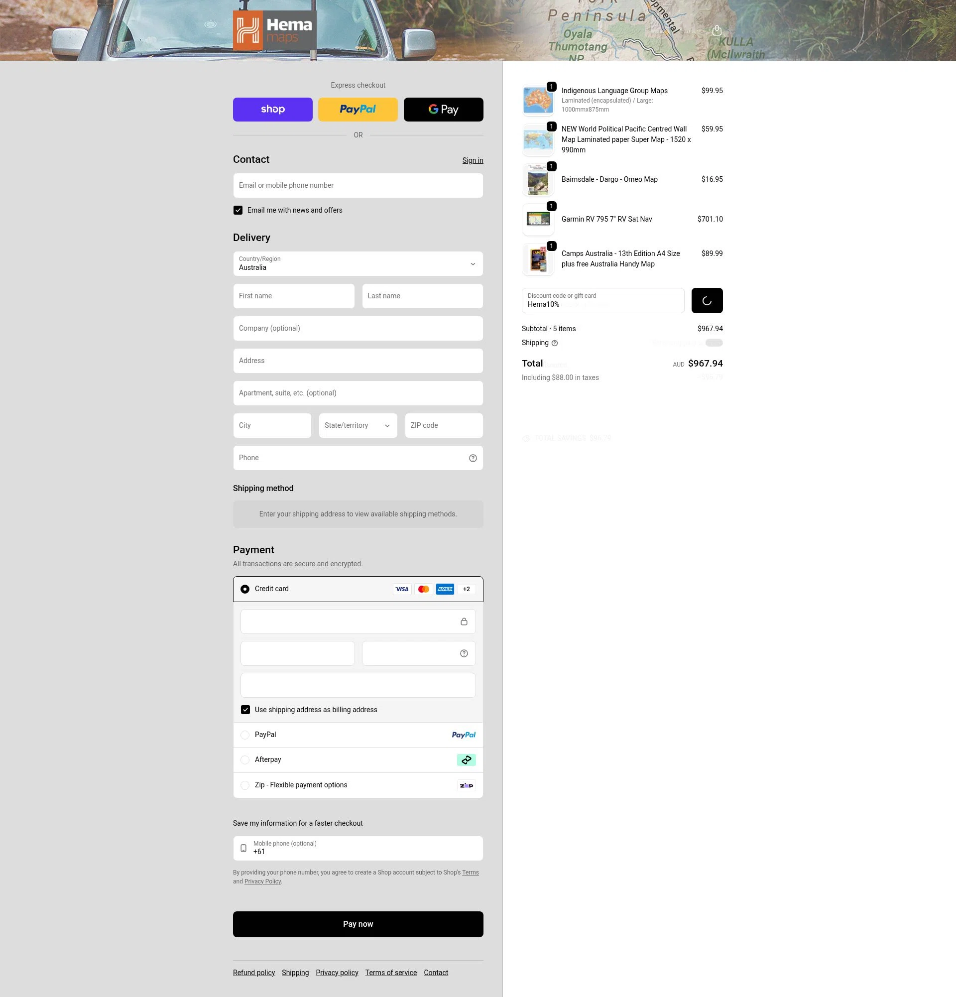 Hema Maps checkout page showing Hema Maps discount code box | Screenshot taken by SimplyCodes community member on Jan 31, 2026