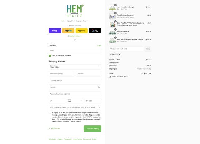 Hem Healer checkout page showing Hem Healer discount code box | Screenshot taken by SimplyCodes community member on Sep 8, 2025
