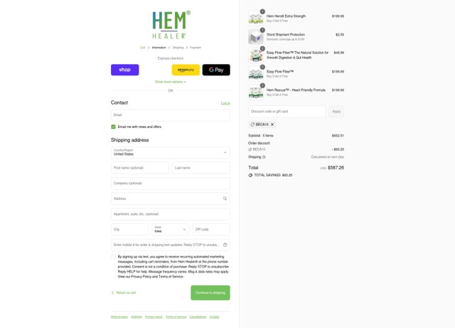 Hem Healer checkout page showing Hem Healer discount code box | Screenshot taken by SimplyCodes community member on Sep 8, 2025