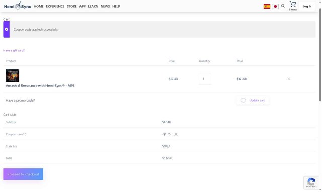Hemi-Sync checkout page showing Hemi-Sync promo code box | Screenshot taken by SimplyCodes community member on Sep 2, 2025