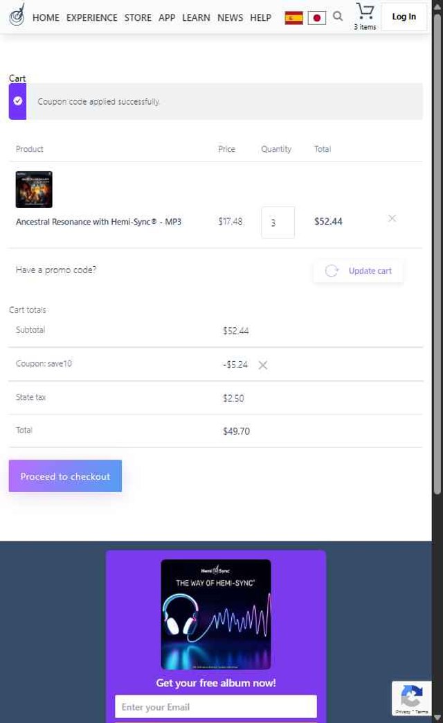 Hemi-Sync checkout page showing Hemi-Sync promo code box | Screenshot taken by SimplyCodes community member on Aug 9, 2025