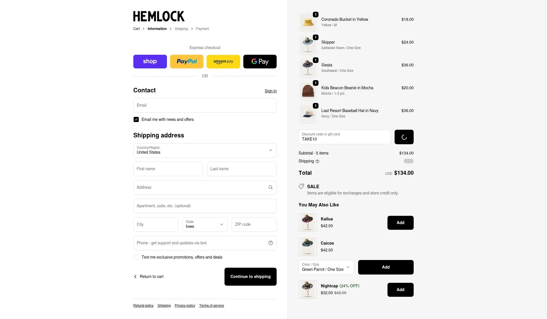 Hemlock Hat Co. checkout page showing Hemlock Hat Co. discount code box | Screenshot taken by SimplyCodes community member on Feb 14, 2026