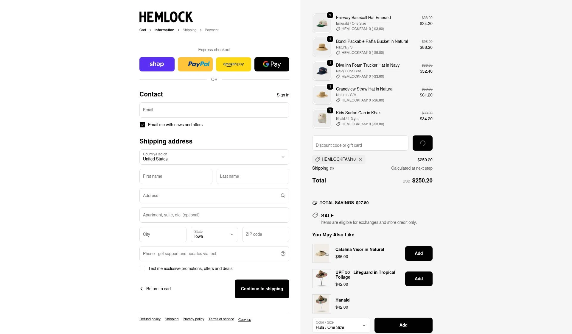 Hemlock Hat Co. checkout page showing Hemlock Hat Co. discount code box | Screenshot taken by SimplyCodes community member on Feb 23, 2026