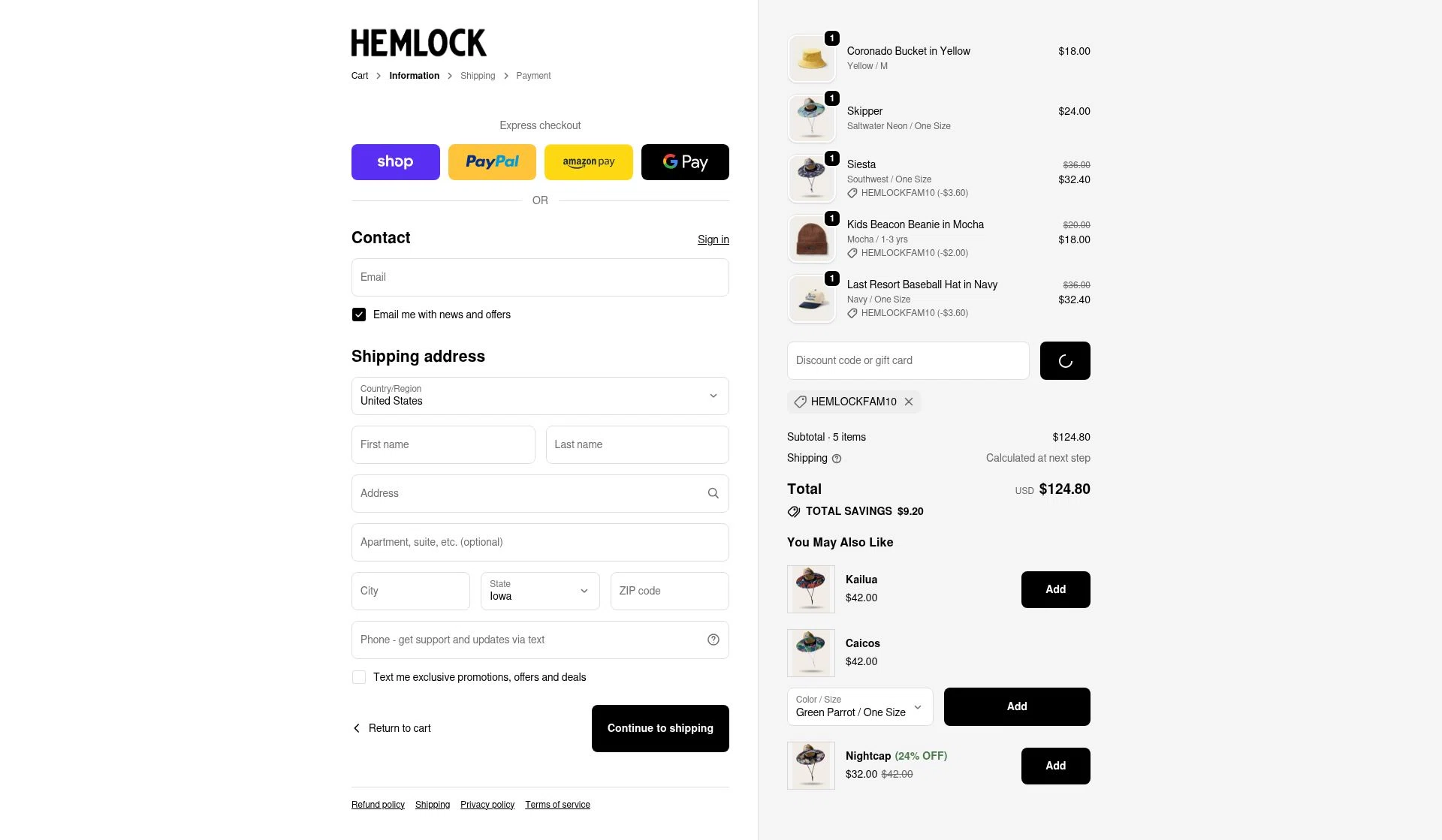 Hemlock Hat Co. checkout page showing Hemlock Hat Co. discount code box | Screenshot taken by SimplyCodes community member on Feb 14, 2026
