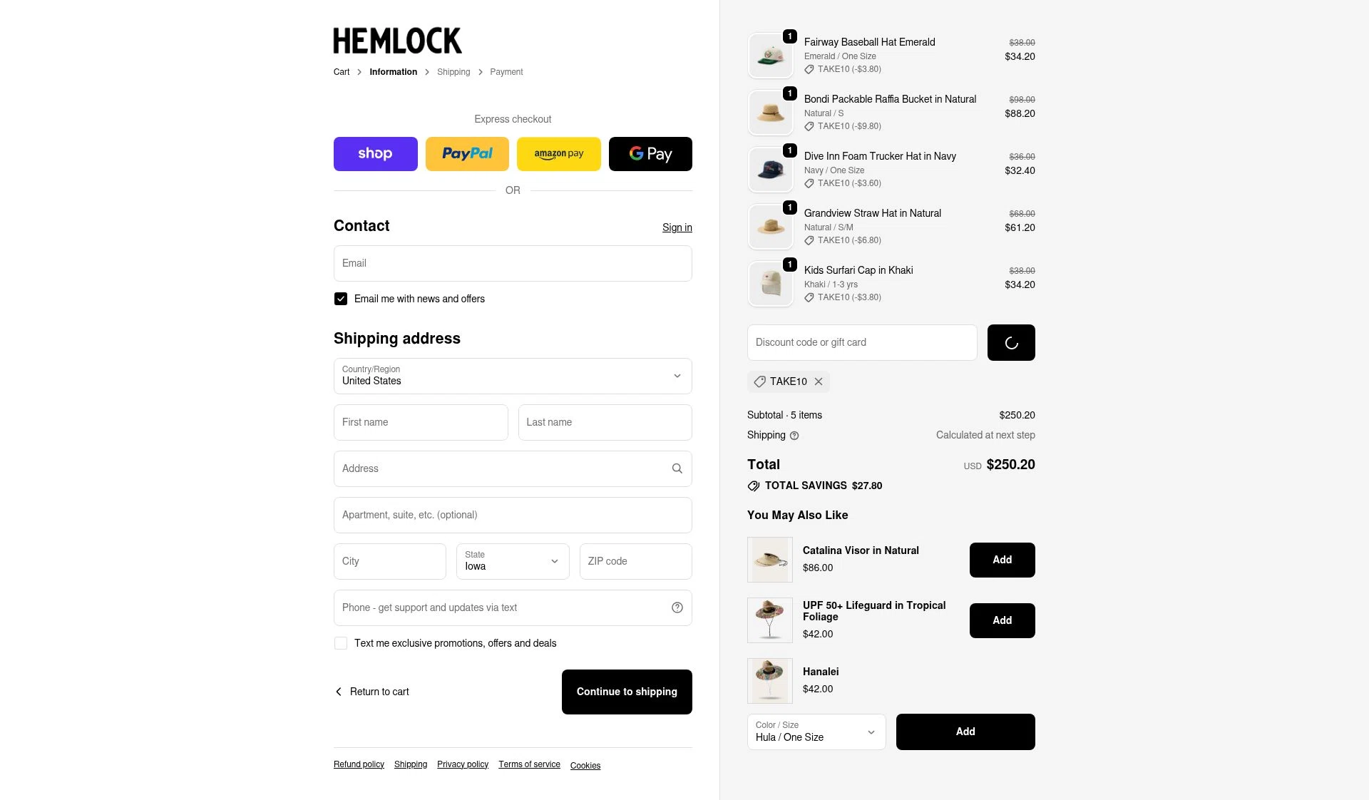 Hemlock Hat Co. checkout page showing Hemlock Hat Co. discount code box | Screenshot taken by SimplyCodes community member on Feb 23, 2026