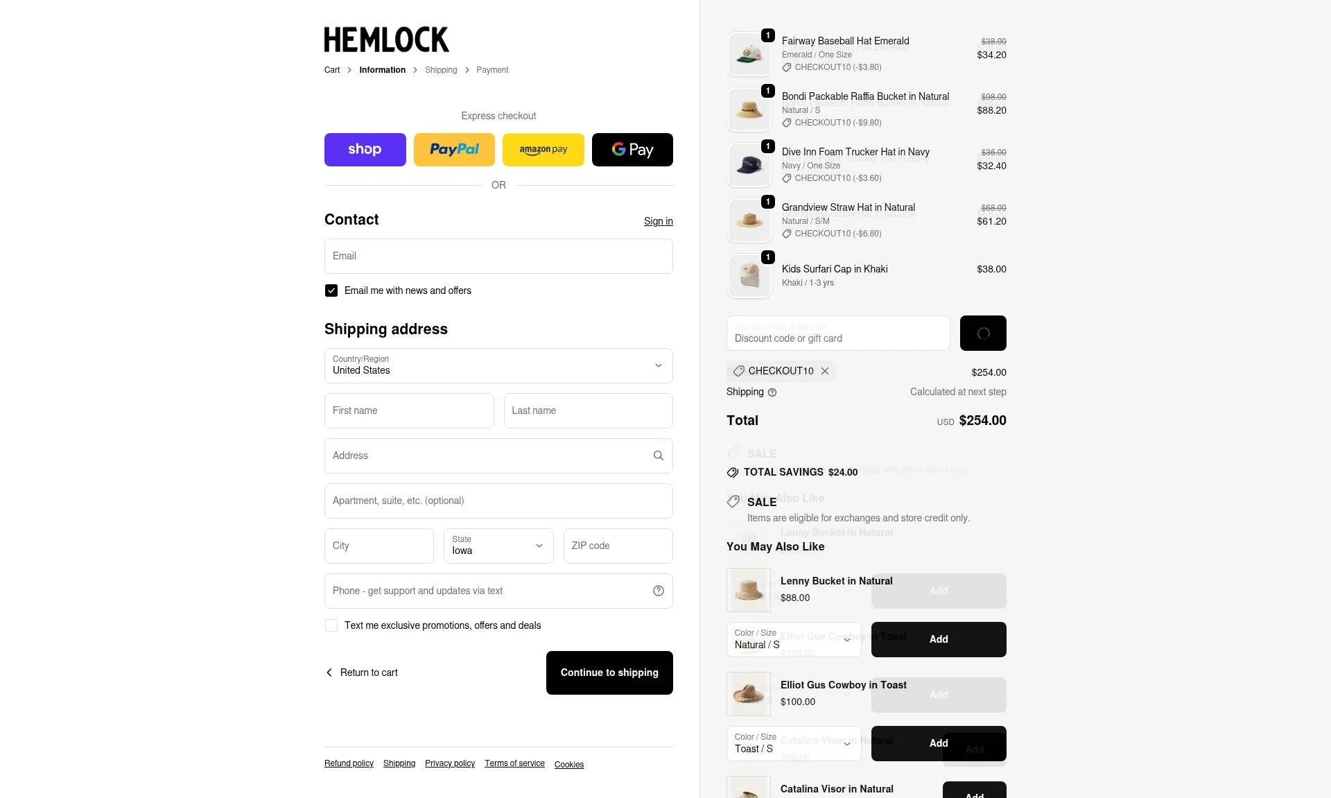 Hemlock Hat Co. checkout page showing Hemlock Hat Co. discount code box | Screenshot taken by SimplyCodes community member on Feb 18, 2026