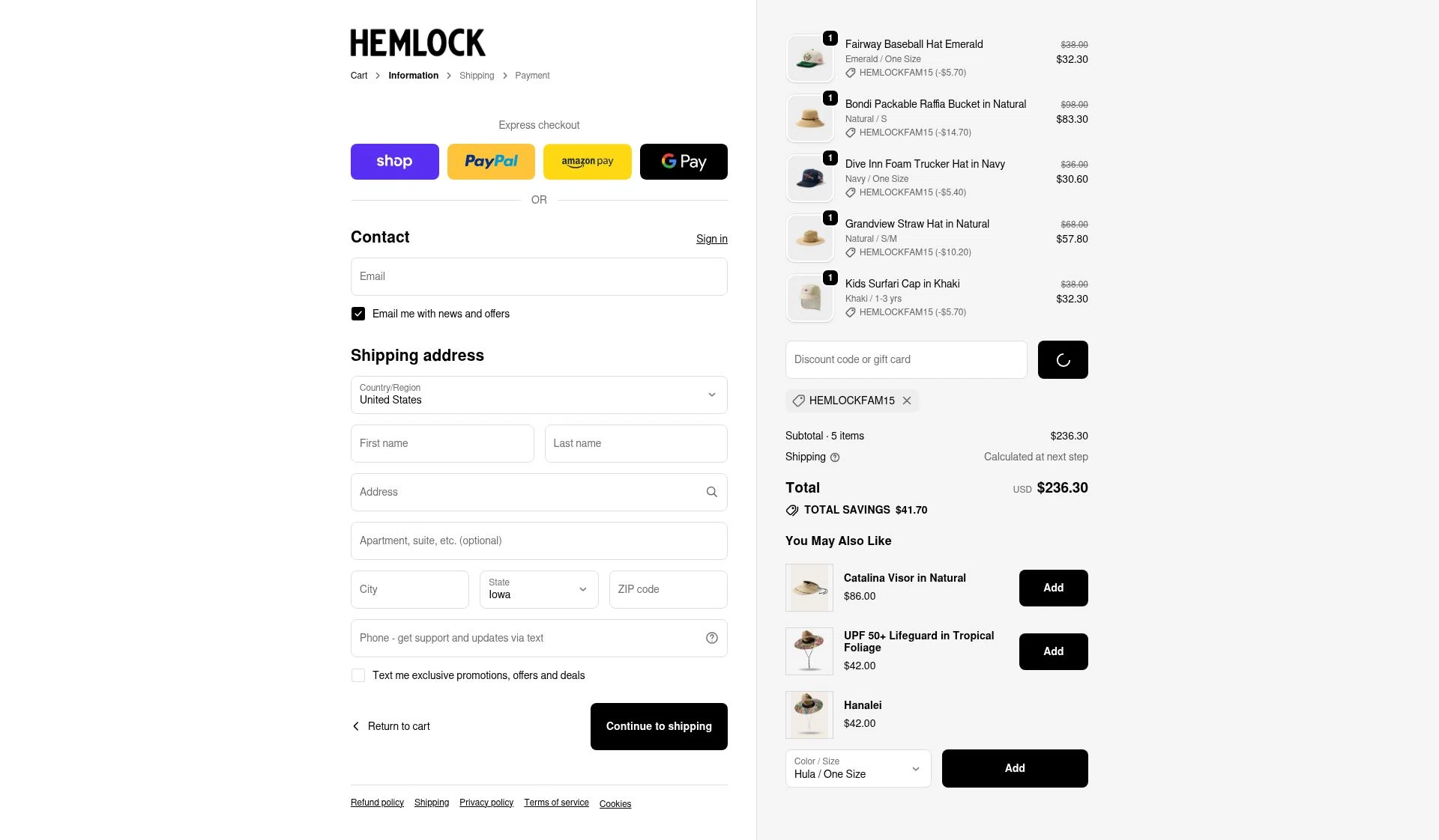 Hemlock Hat Co. checkout page showing Hemlock Hat Co. discount code box | Screenshot taken by SimplyCodes community member on Feb 23, 2026
