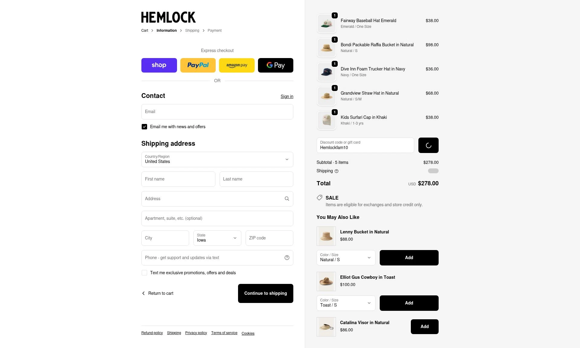 Hemlock Hat Co. checkout page showing Hemlock Hat Co. discount code box | Screenshot taken by SimplyCodes community member on Feb 18, 2026
