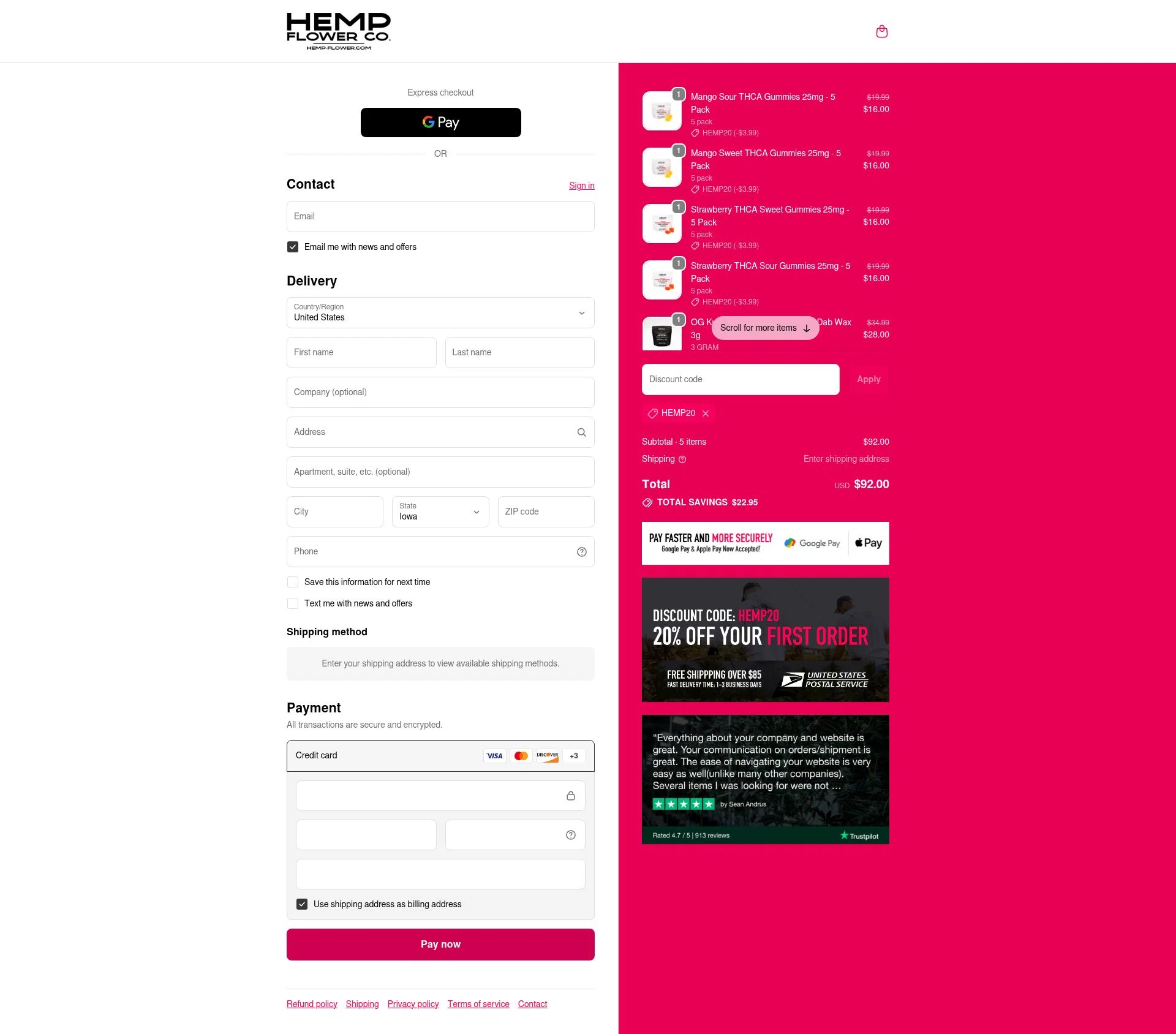 Hemp Flower Co. checkout page showing Hemp Flower Co. discount code box | Screenshot taken by SimplyCodes community member on Oct 23, 2025