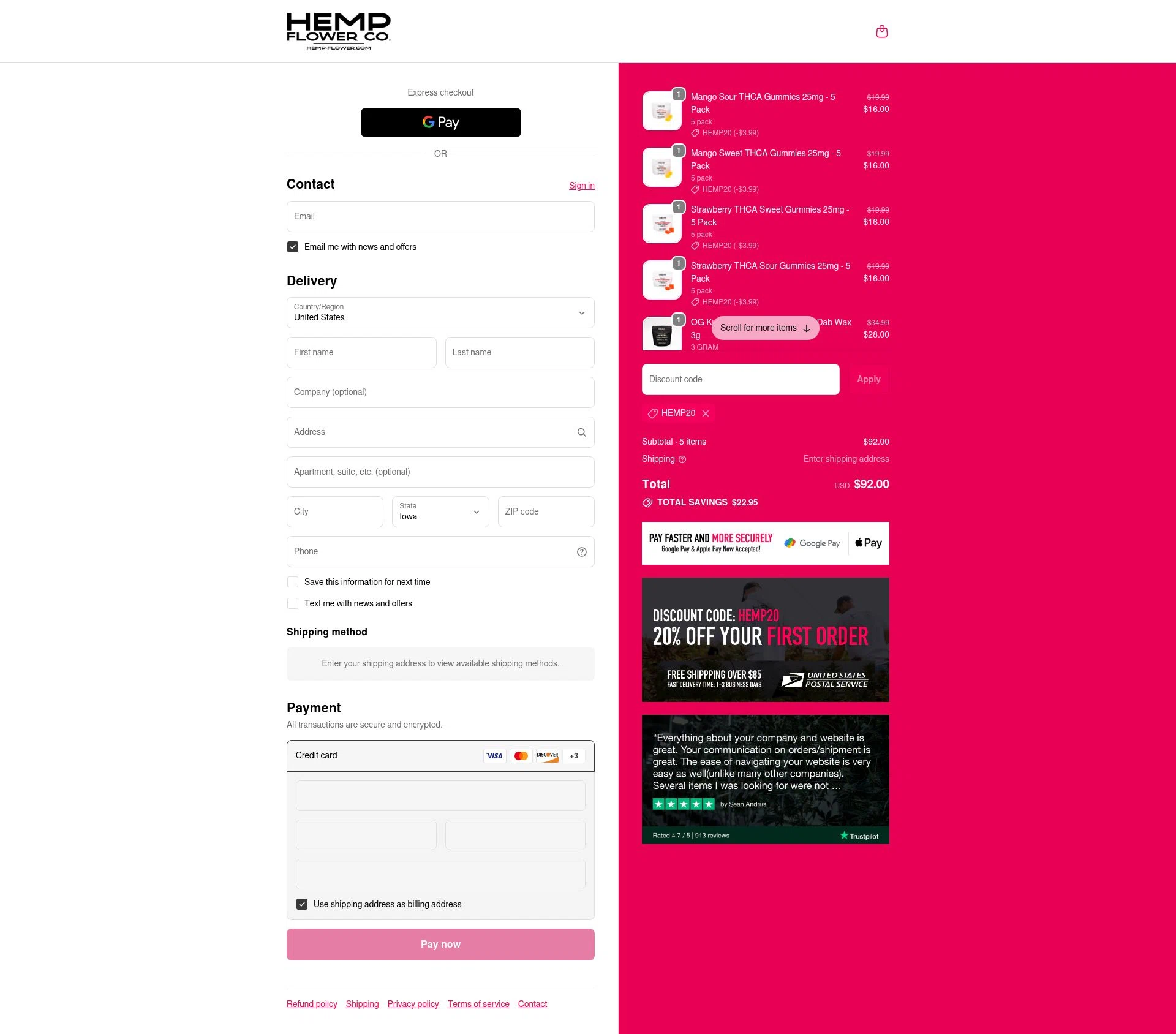 Hemp Flower Co. checkout page showing Hemp Flower Co. discount code box | Screenshot taken by SimplyCodes community member on Oct 7, 2025