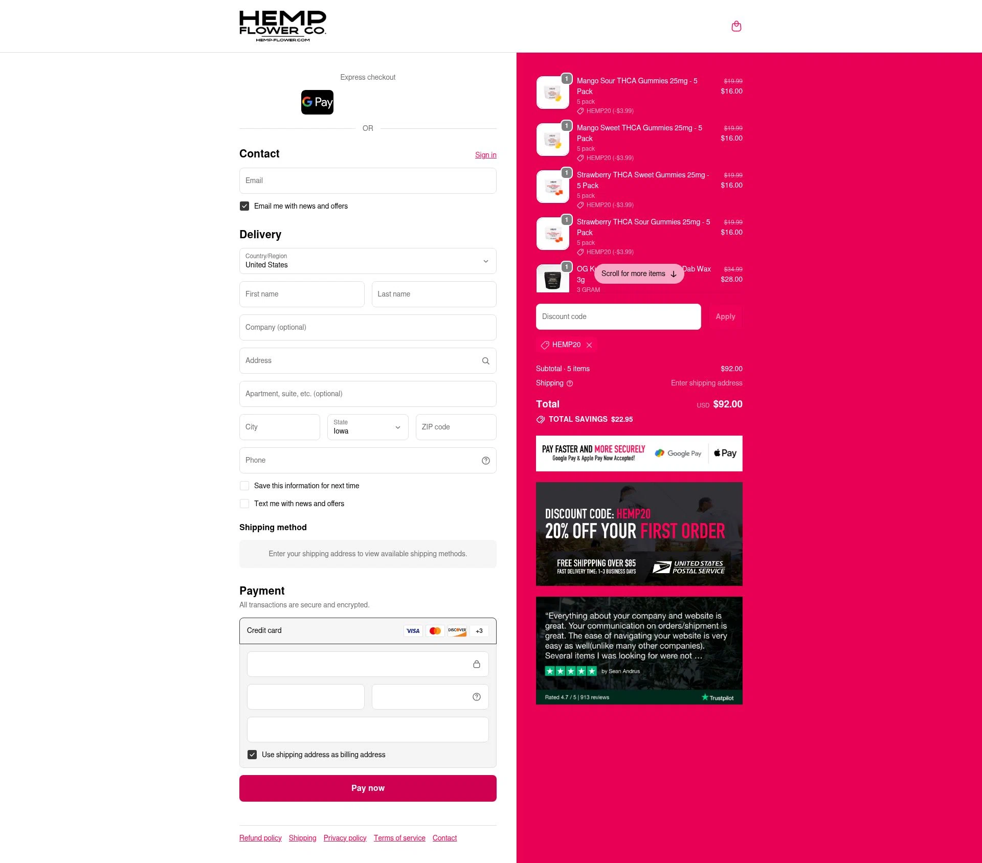 Hemp Flower Co. checkout page showing Hemp Flower Co. discount code box | Screenshot taken by SimplyCodes community member on Oct 11, 2025