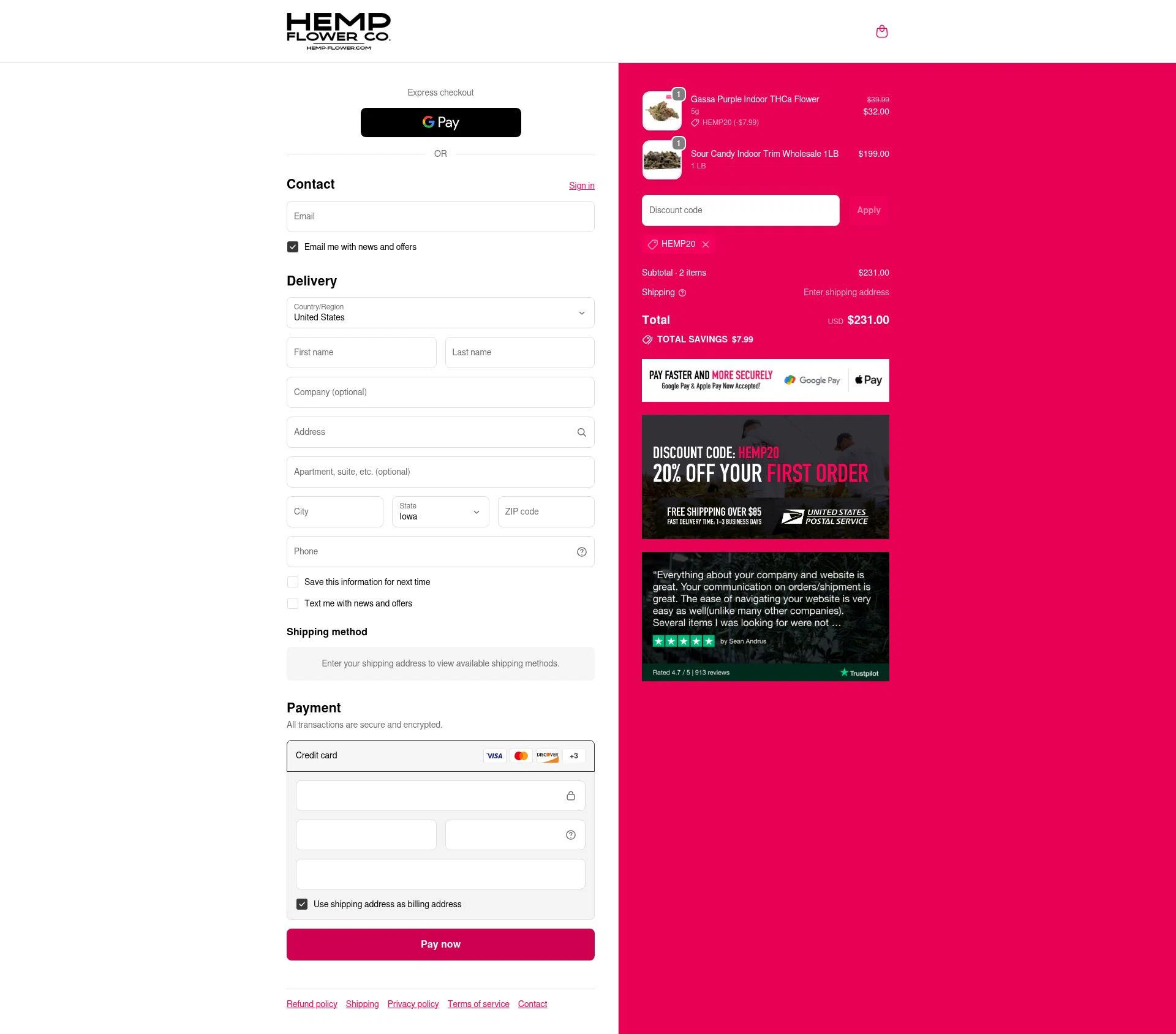 Hemp Flower Co. checkout page showing Hemp Flower Co. discount code box | Screenshot taken by SimplyCodes community member on Sep 21, 2025