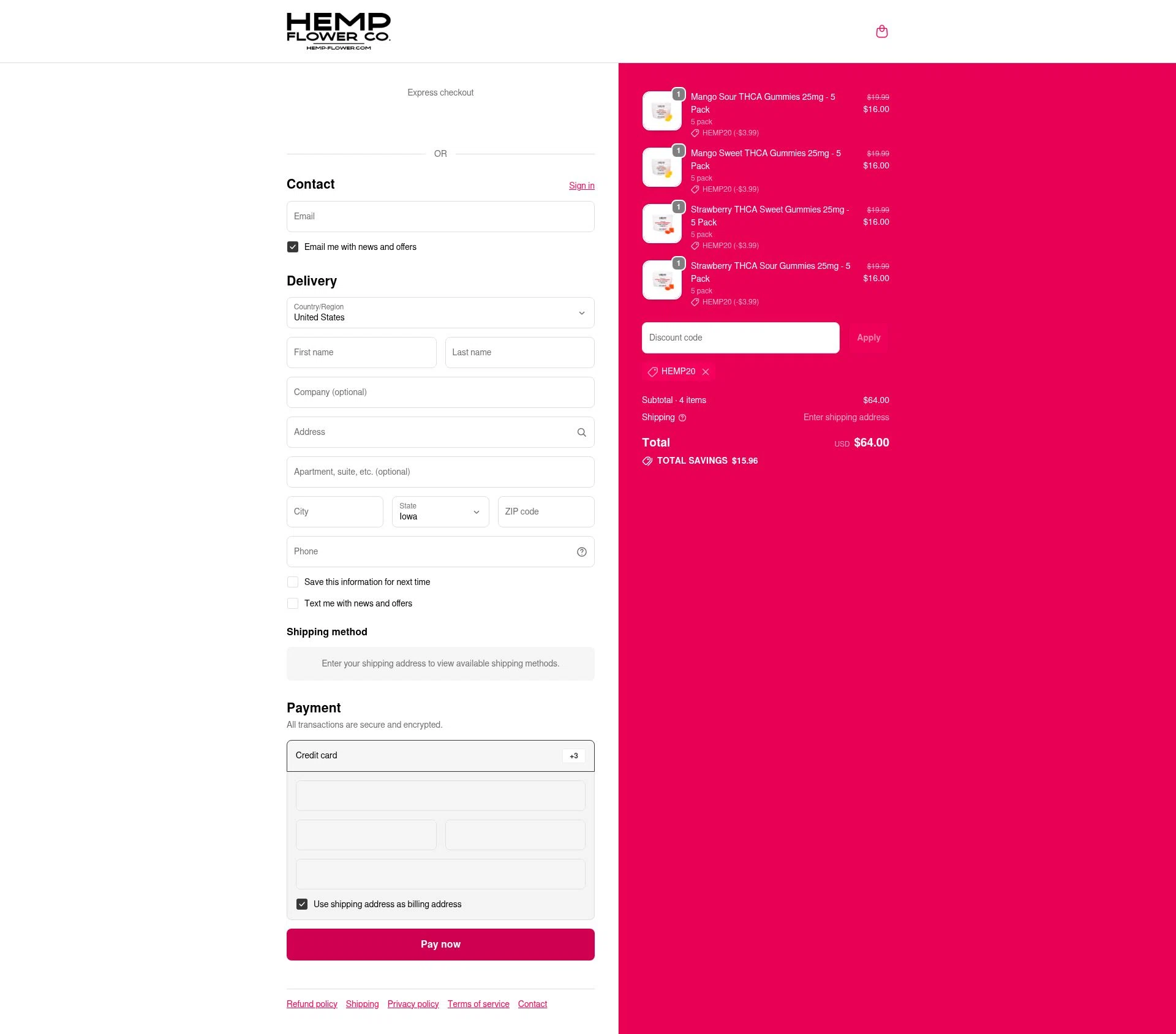 Hemp Flower Co. checkout page showing Hemp Flower Co. discount code box | Screenshot taken by SimplyCodes community member on Oct 3, 2025