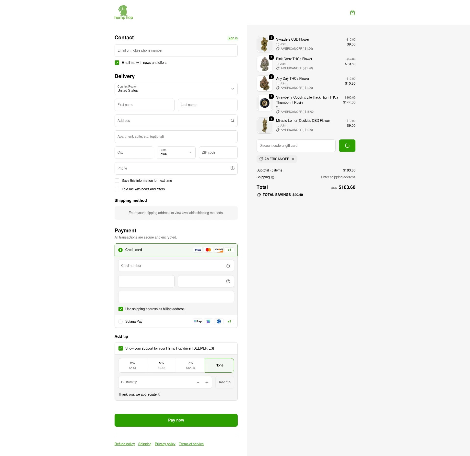 Hemp Hop checkout page showing Hemp Hop discount code box | Screenshot taken by SimplyCodes community member on Feb 10, 2026