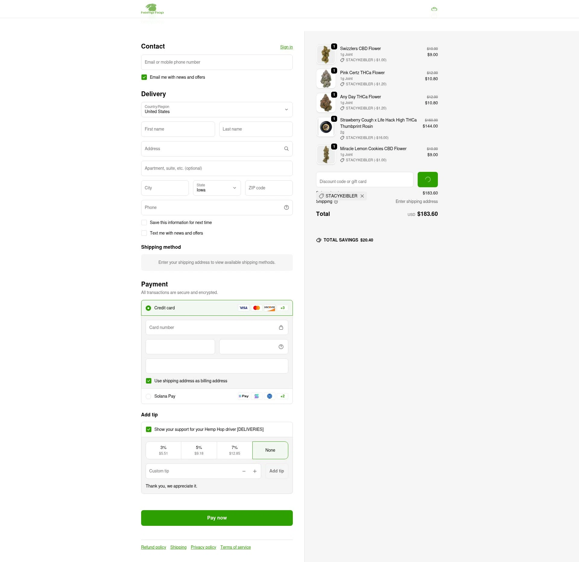 Hemp Hop checkout page showing Hemp Hop discount code box | Screenshot taken by SimplyCodes community member on Feb 10, 2026