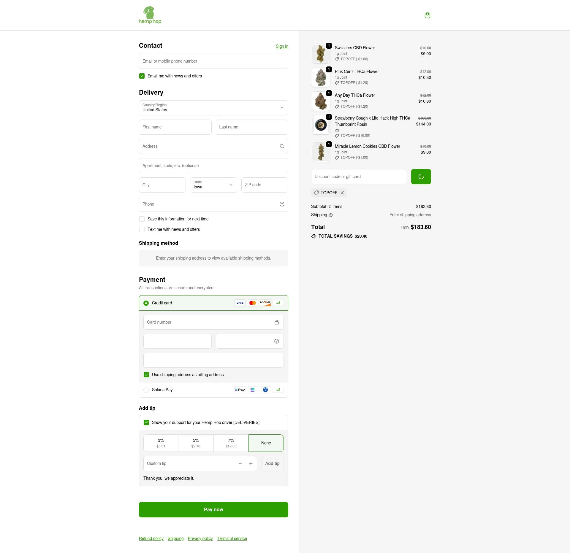 Hemp Hop checkout page showing Hemp Hop discount code box | Screenshot taken by SimplyCodes community member on Feb 10, 2026
