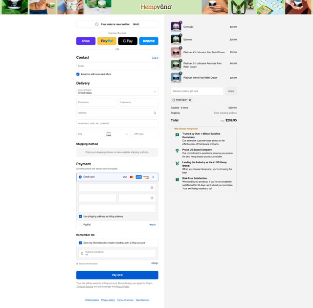 Hempvana checkout page showing Hempvana discount code box | Screenshot taken by SimplyCodes community member on Sep 9, 2025