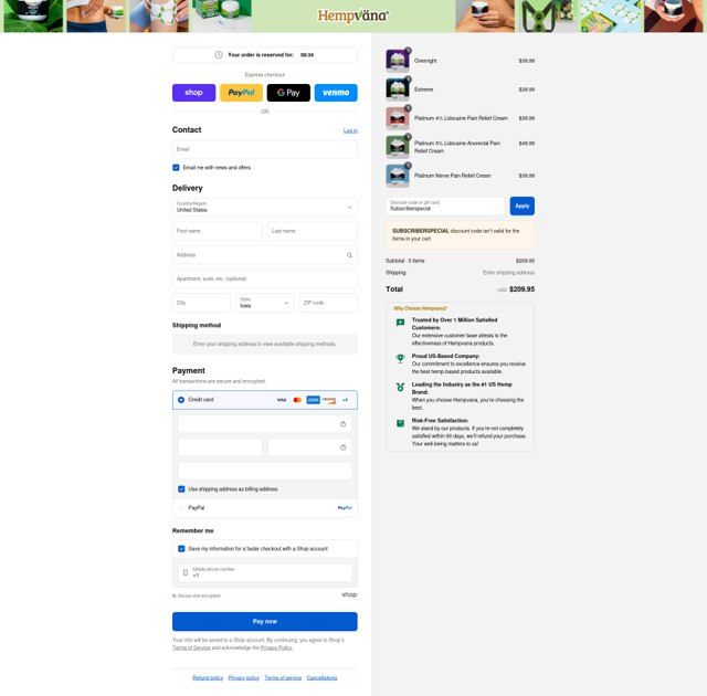 Hempvana checkout page showing Hempvana discount code box | Screenshot taken by SimplyCodes community member on Sep 9, 2025