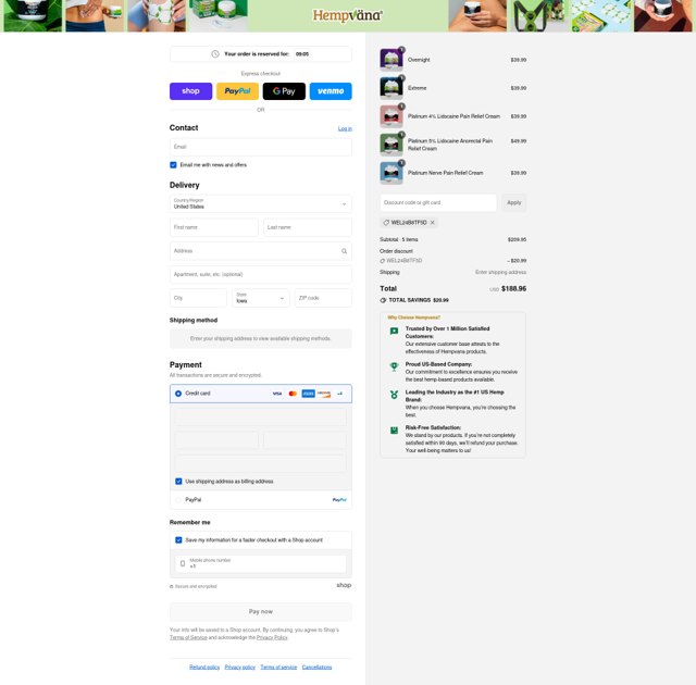 Hempvana checkout page showing Hempvana discount code box | Screenshot taken by SimplyCodes community member on Sep 9, 2025