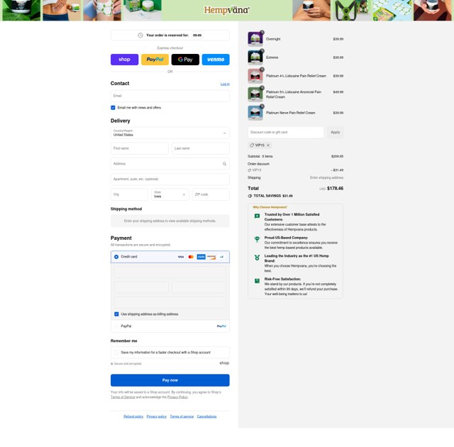 Hempvana checkout page showing Hempvana discount code box | Screenshot taken by SimplyCodes community member on Sep 9, 2025
