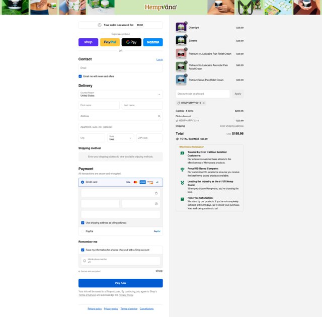 Hempvana checkout page showing Hempvana discount code box | Screenshot taken by SimplyCodes community member on Sep 9, 2025
