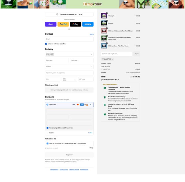 Hempvana checkout page showing Hempvana discount code box | Screenshot taken by SimplyCodes community member on Sep 9, 2025