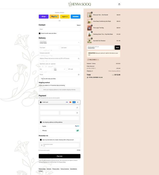 Henna Sooq checkout page showing Henna Sooq discount code box | Screenshot taken by SimplyCodes community member on Sep 9, 2025
