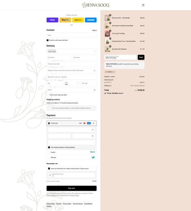 Henna Sooq checkout page showing Henna Sooq discount code box | Screenshot taken by SimplyCodes community member on Sep 9, 2025
