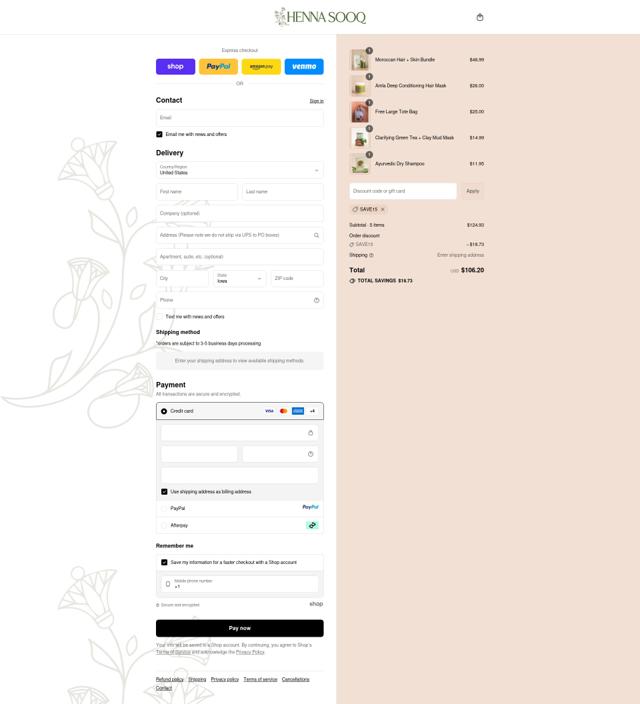 Henna Sooq checkout page showing Henna Sooq discount code box | Screenshot taken by SimplyCodes community member on Sep 9, 2025